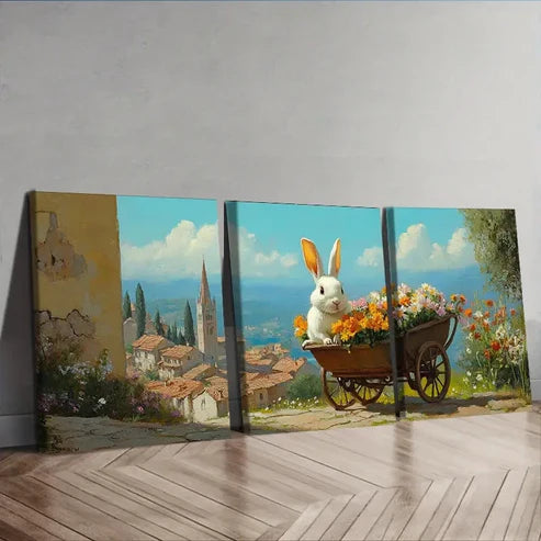 3pcs Featuring a Rabbit with a Wheelbarrow Wall Art Set Canvas Unframed - High Quality Print 100% Australian Made Wall Canvas
