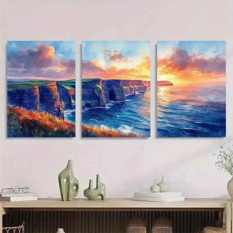 3pcs Golden Seascape Coastal Calming Perfect Wall Art Set Canvas Framed 40x60cm - High Quality Print 100% Australian Made Wall Canvas Ready to Hang