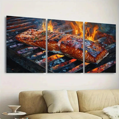 3pcs Grilled Salmon Fish Food Print Art Wall Art Set Canvas Framed 50x70cm - High Quality Print 100% Australian Made Wall Canvas Ready to Hang