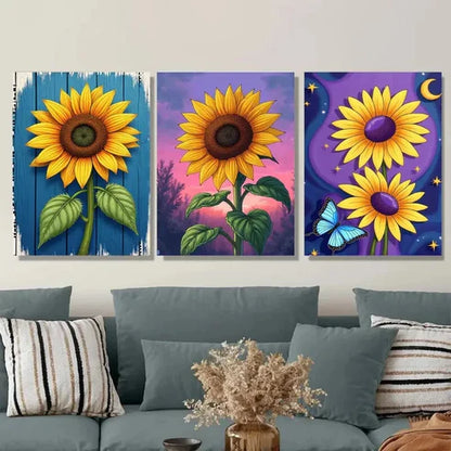3pcs Vibrant Sunflower Modern Classic Floral Sky Wall Art Set Canvas Unframed - High Quality Print 100% Australian Made Wall Canvas