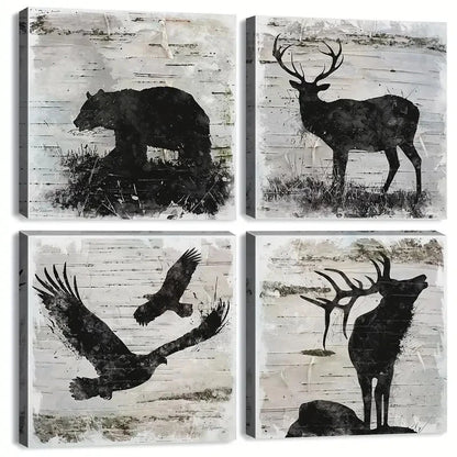 4pcs Black Bear Deer Moose Elk, Wall Art Canvas Framed