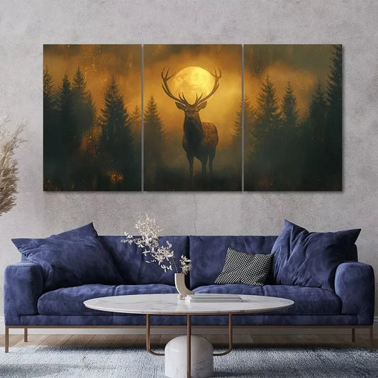 Mysterious Red Deer Stag Standing in a Foggy Forest 3 Pcs Canvas Framed 40x60cm - High Quality Print 100% Australian Made Wall Canvas Ready to Hang