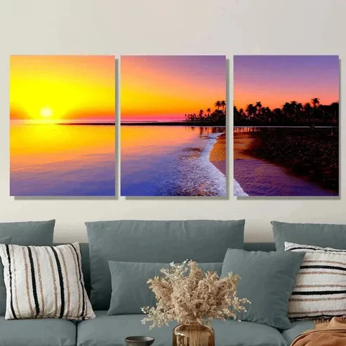 3pcs Beautiful Sunset Beach Ocean & Palm Tree Wall Art Set Canvas Unframed - High Quality Print 100% Australian Made Wall Canvas