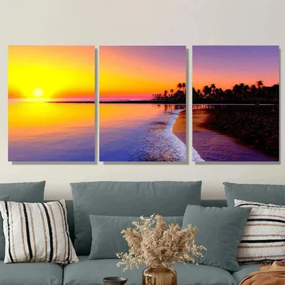 3pcs Beautiful Sunset Beach Ocean & Palm Tree Wall Art Set Canvas Unframed - High Quality Print 100% Australian Made Wall Canvas