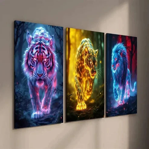 3pcs Glowing Wild Animal Tiger Cheetah and Lion Wall Art Set Canvas Unframed - High Quality Print 100% Australian Made Wall Canvas