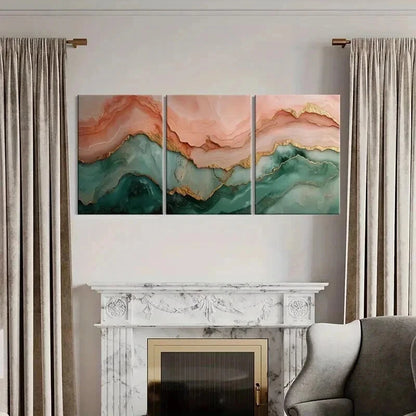 3pcs Teal and Pink with Golden Layered Abstract Wall Art Set Canvas Framed 50x70cm - High Quality Print 100% Australian Made Wall Canvas Ready to Hang