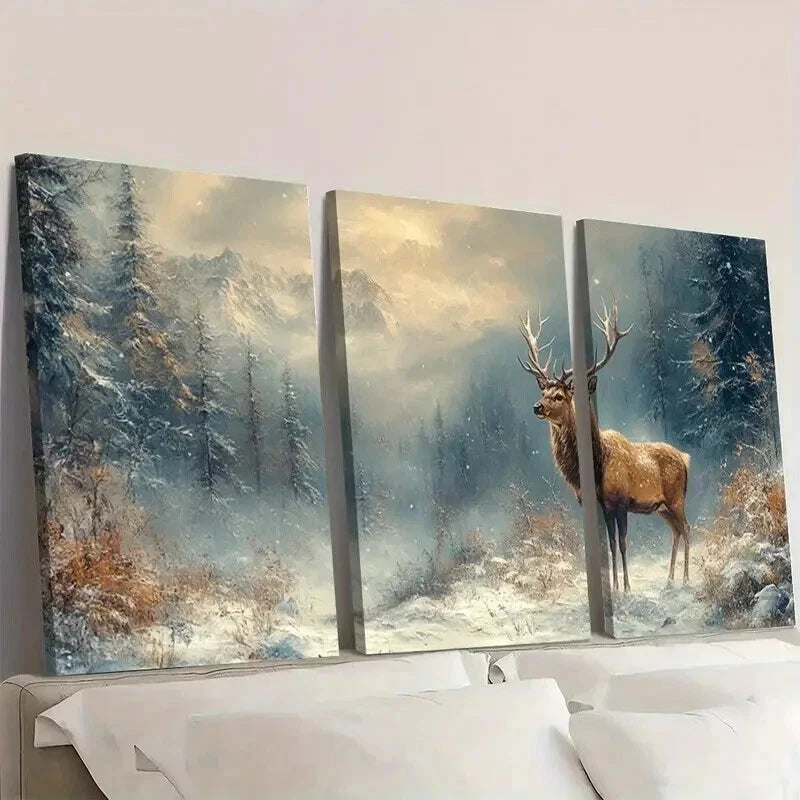 3pcs Seasonal Decoration Deer Winter Forest Wall Art Set Canvas Framed 40x60cm - High Quality Print 100% Australian Made Wall Canvas Ready to Hang