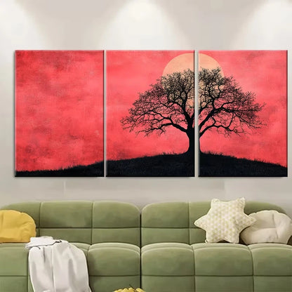 3pcs Abstract Pink Sky with Black Tree Silhouette Metal Print Ready to Hang Art
