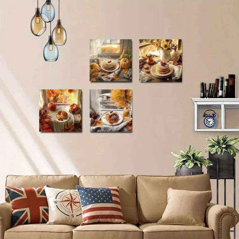 4pcs Autumn Fall Pancake Pumpkin Wall Art Canvas Framed