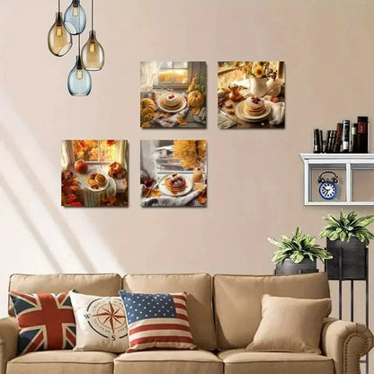 4pcs Autumn Fall Pancake Pumpkin Wall Art Canvas Framed