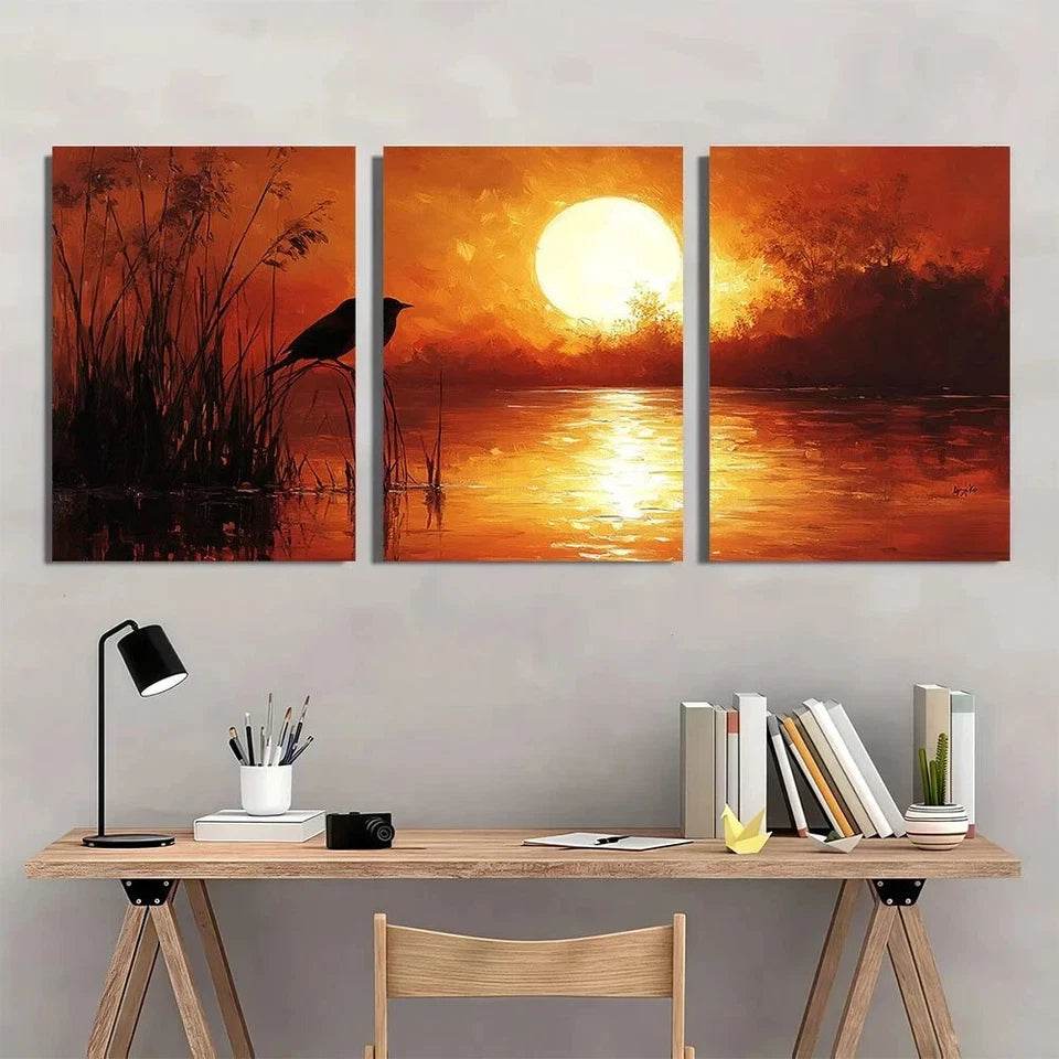 3pcs Serene Bird & Reeds Scene Warm Tones Metal Print Ready to Hang Art
