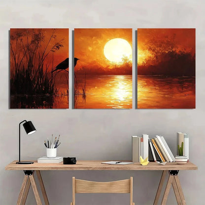 3pcs Serene Bird & Reeds Scene Warm Tones Metal Print Ready to Hang Art