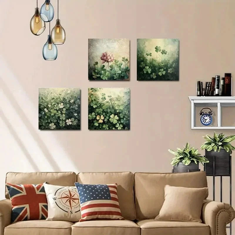 4pcs Vibrant Clover & Floral Designs Wall Art Canvas Framed