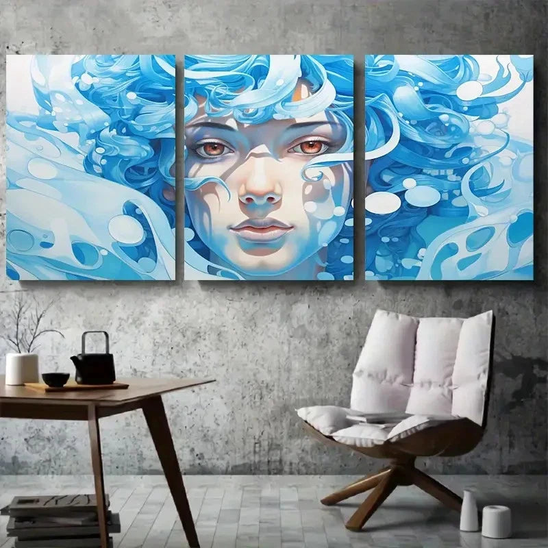 3pcs Surreal Blue Waterwoman Portrait Metal Print Ready to Hang Art
