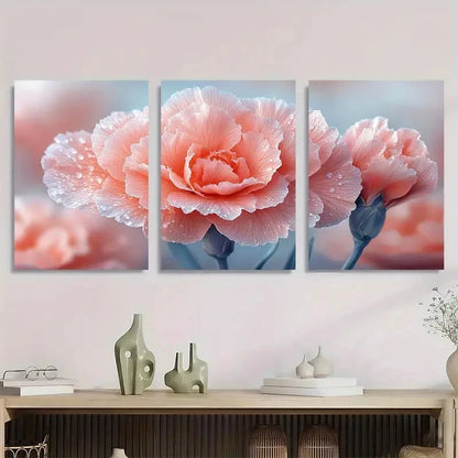 3pcs Pink Carnation Flower Droplet Perfect Wall Art Set Canvas Framed 40x60cm - High Quality Print 100% Australian Made Wall Canvas Ready to Hang