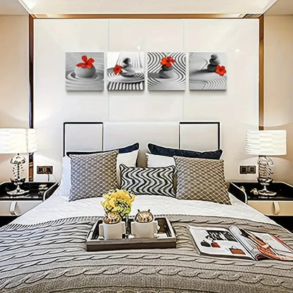 4pcs Red Gray Wall Decor, Black And White Floral Wall Art Canvas Framed