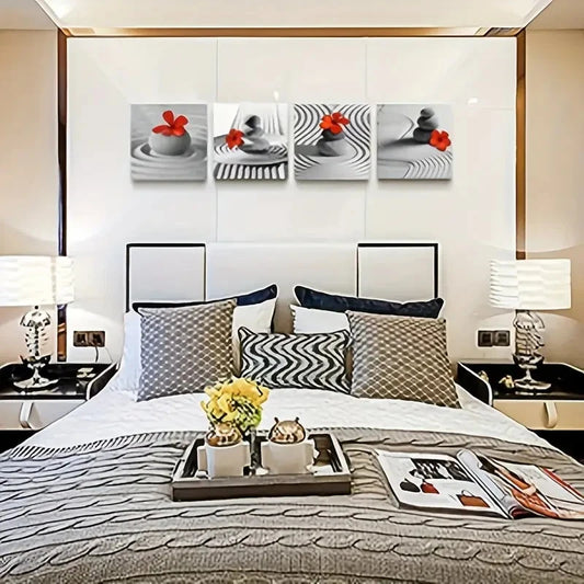 4pcs Red Gray Wall Decor, Black And White Floral Wall Art Canvas Framed