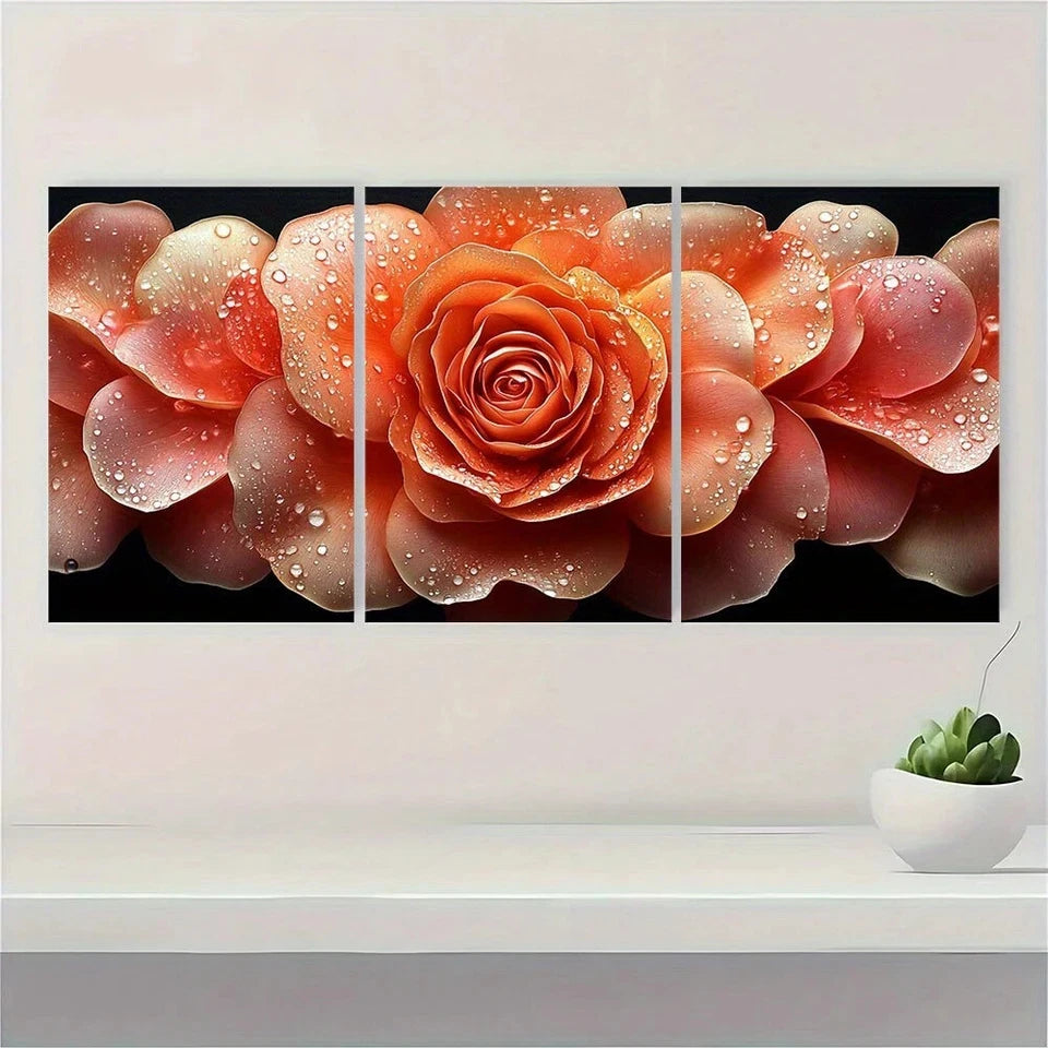 3pcs Modern Rose Water Drops On Floral Metal Print Ready to Hang Art