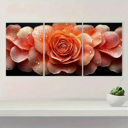 3pcs Modern Rose Water Drops On Floral Metal Print Ready to Hang Art