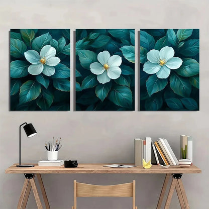 3pcs Sage Green Leaves & White Flowers Metal Print Ready to Hang Art