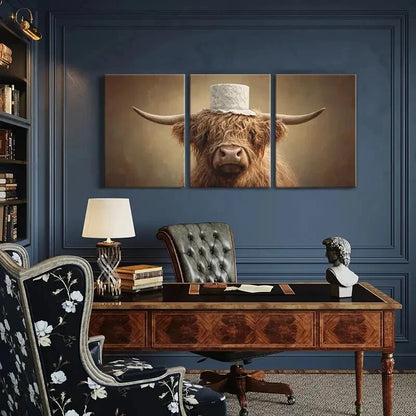 3pcs Artistic Highland Cow Portrait White Hat Metal Print Ready to Hang Art