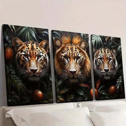3pcs Jungle Overlord Leopard Lion And Tiger Wall Art Set Canvas Framed 50x70cm - High Quality Print 100% Australian Made Wall Canvas Ready to Hang