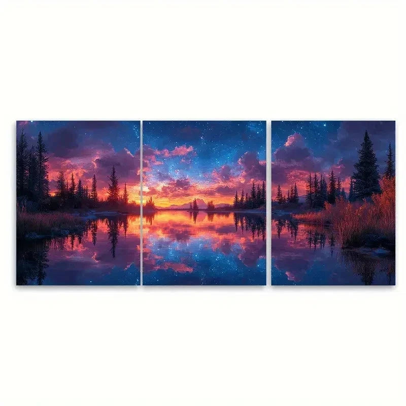 3pcs Enchanting Night Sky Reflection EI Wall Art Set Canvas Framed 60x90cm - High Quality Print 100% Australian Made Wall Canvas Ready to Hang
