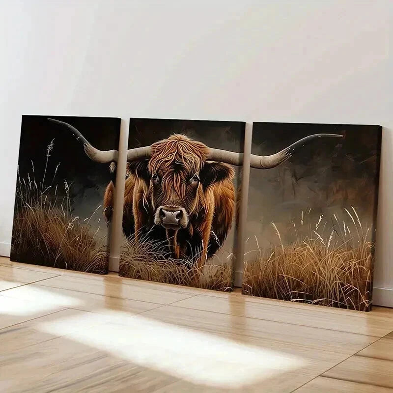 3pcs Scottish Highland Cow In Grass Wall Art Set Canvas Framed 40x60cm - High Quality Print 100% Australian Made Wall Canvas Ready to Hang