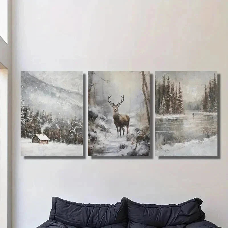 3pcs Retro Winter Landscape & Reindeer Wall Art Set Canvas Framed 40x60cm - High Quality Print 100% Australian Made Wall Canvas Ready to Hang