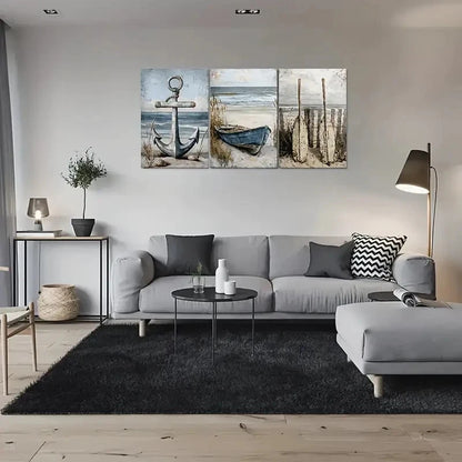 3pcs Beach Scene Nautical Anchor Boat and Oars Wall Art Set Canvas Framed 40x60cm - High Quality Print 100% Australian Made Wall Canvas Ready to Hang