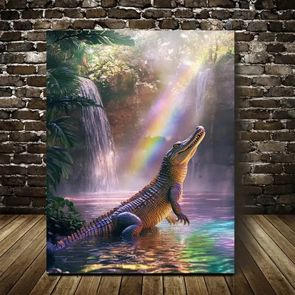 Vibrant Steampunk Crocodile Scene with Waterfall  40x60cm Metal Print Ready to Hang