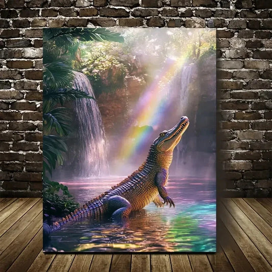 Vibrant Steampunk Crocodile Scene with Waterfall  40x60cm Metal Print Ready to Hang