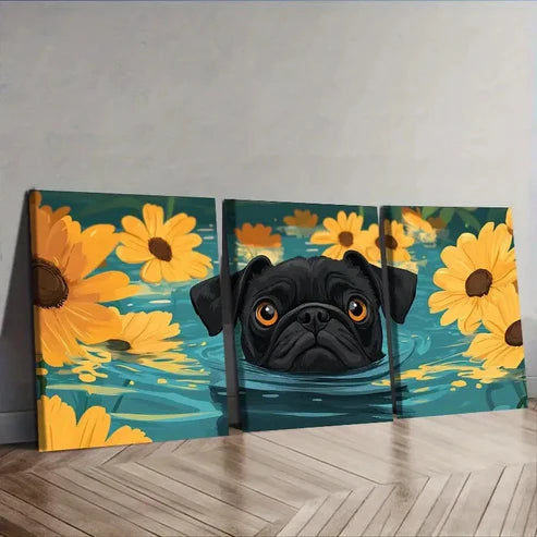 3pcs Cute Pug Swimming in Water Wall Art Set Canvas Unframed – High Quality Print 100% Australian Made Wall Canvas