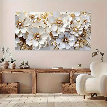 White and Golden Flowers wall canvas office home room framed 120x60cm