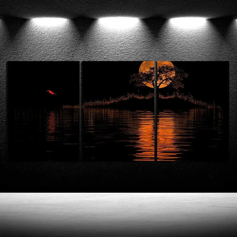 3pcs Reflection of Trees Water & Moon Night Metal Print Ready to Hang Art