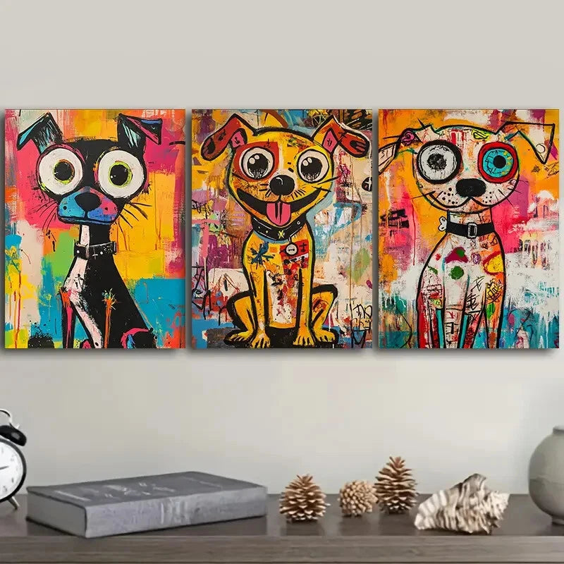 3pcs Cute Abstract Puppies Colourful Metal Print Ready to Hang Art