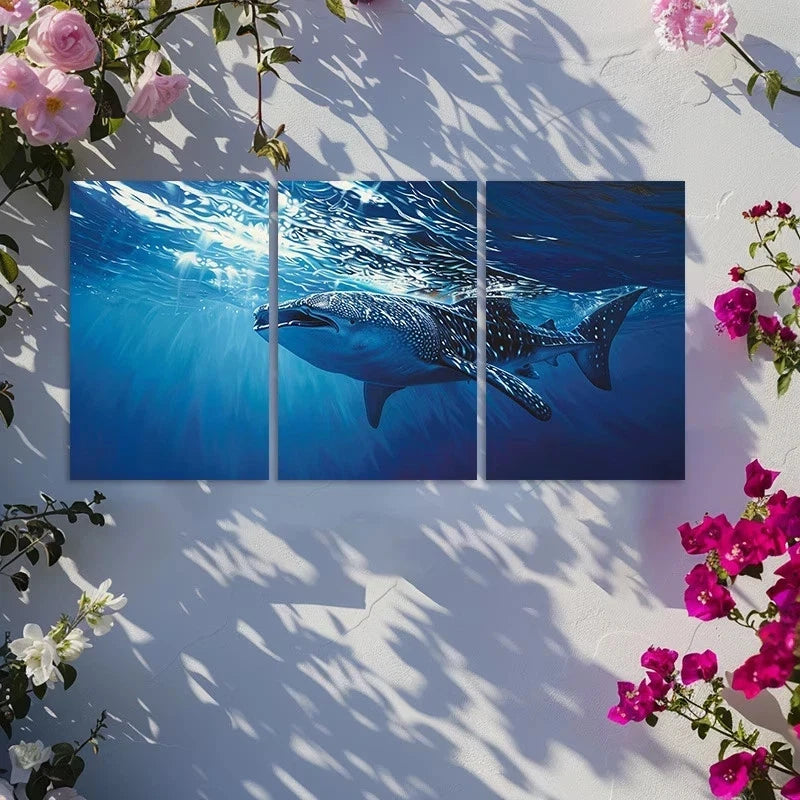 3pcs Whale Shark Gliding Through Deep Blue Ocean Metal Print Ready to Hang Art