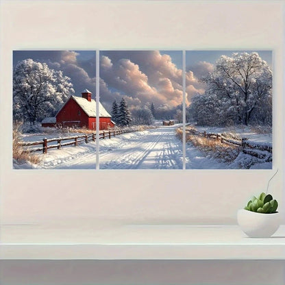 3pcs Winter Scene with Red Barn & Snowy Metal Print Ready to Hang Art