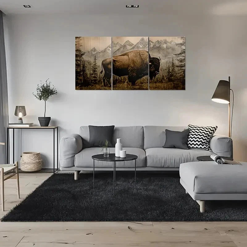 3pcs Rustic Buffalo Nature Scene with Mountains Metal Print Ready to Hang Art
