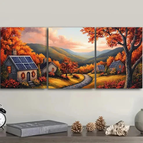 3pcs Autumn Sun House Waterproof Nature Perfect Wall Art Set Canvas Unframed - High Quality Print 100% Australian Made Wall Canvas
