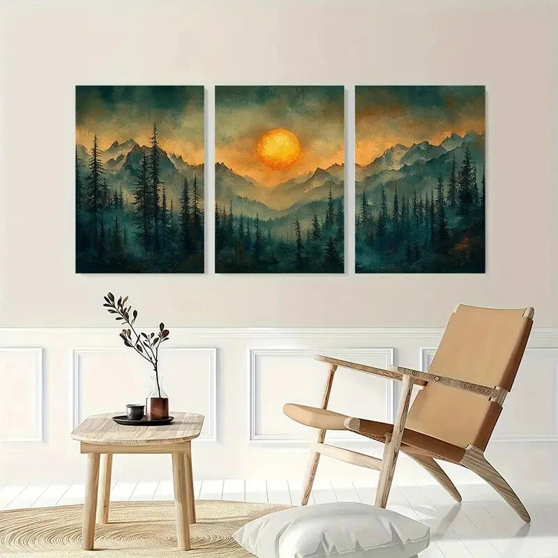 3pcs Sunset Mountains Trees & Sunset Scenery Metal Print Ready to Hang Art