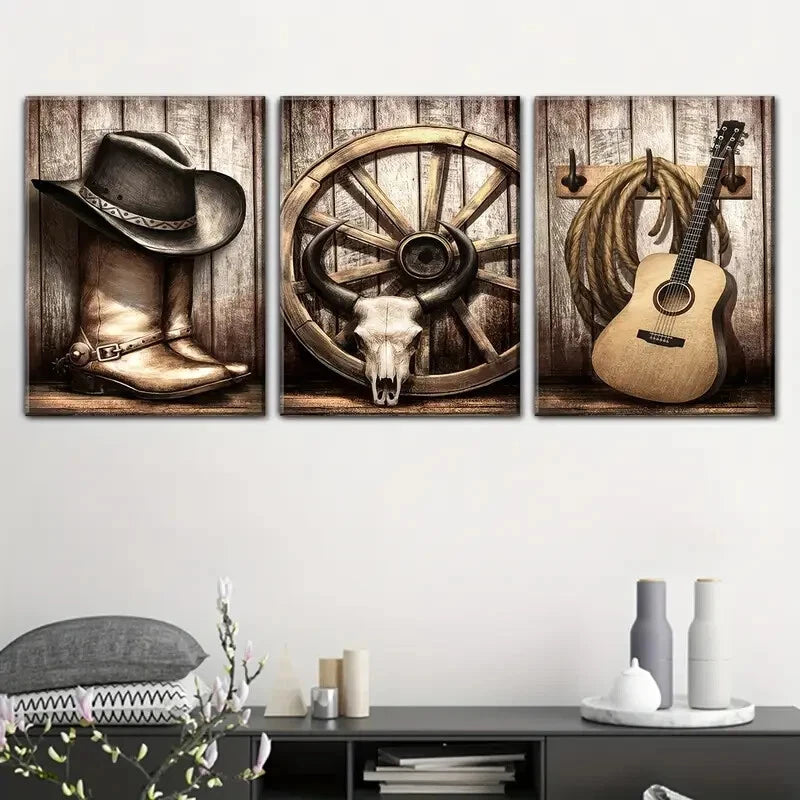 3pcs Vintage Cowboy Hat Boots Guitar Metal Print Ready to Hang Art