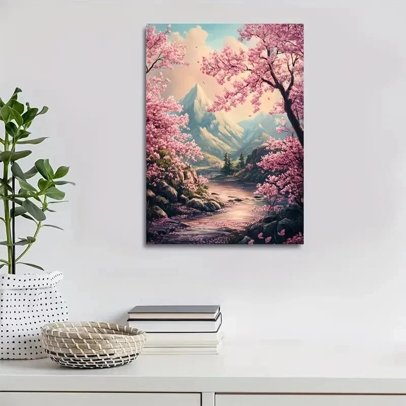 Cherry Blossom Pink Sakura, Mountain & River Scene 40x60cm Metal Print Ready to Hang