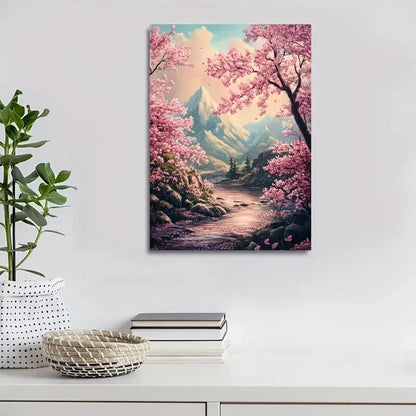 Cherry Blossom Pink Sakura, Mountain & River Scene 40x60cm Metal Print Ready to Hang