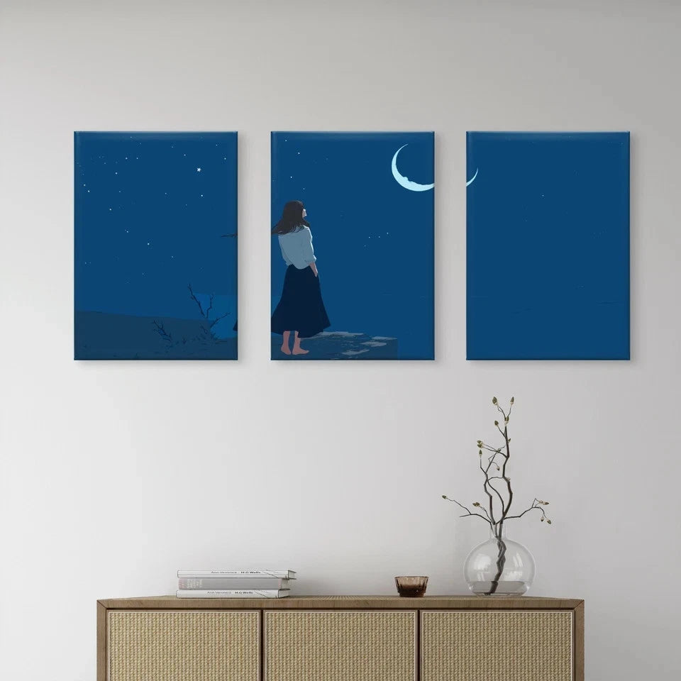 3pcs Woman With Night Sky and Crescent Moon Wall Art Set Canvas Framed 60x90cm - High Quality Print 100% Australian Made Wall Canvas Ready to Hang