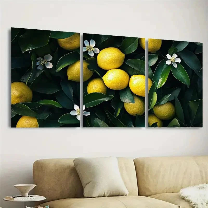 3pcs Vibrant Lemon & Floral Wall Art Set Canvas Framed 50x70cm - High Quality Print 100% Australian Made Wall Canvas Ready to Hang