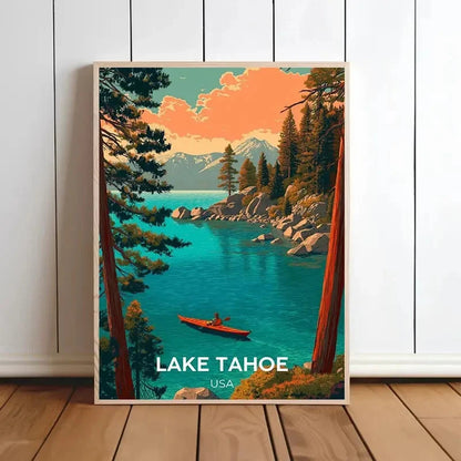 Lake Tahoe USA Snow-Capped Mountains & Pine Trees Travel Poster Print Wall Art