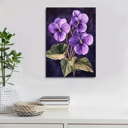 Vibrant Purple Violets with Green Leaves Painting 40x60cm Metal Print Ready to Hang