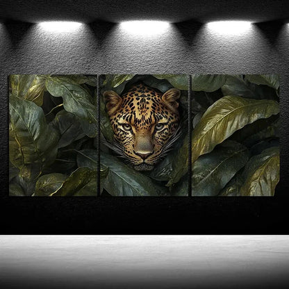 3pcs Painting Set Leopard in Lush Leaves Metal Print Ready to Hang Art