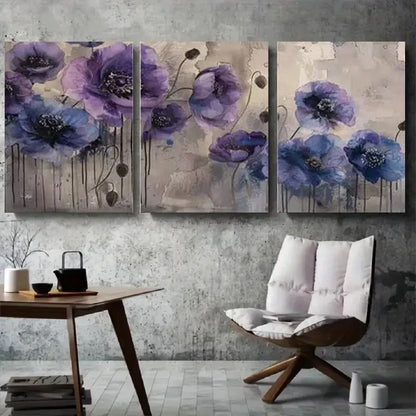3pcs Modern Abstract Purple Poppy Floral Wall Art Set Canvas Framed 60x90cm - High Quality Print 100% Australian Made Wall Canvas Ready to Hang